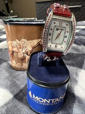 Montana Silversmiths Red Leather Watch with Pink Crystal Trim
